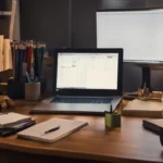 Ace the Bar Exam. Show a group of objects arranged on a desk, including a large stack of books on the left side, a laptop open to a practice exam in the center, and a timer set for three hours on the right. The room is dimly lit but the laptop illuminates the desk. The atmosphere is tense and focused.