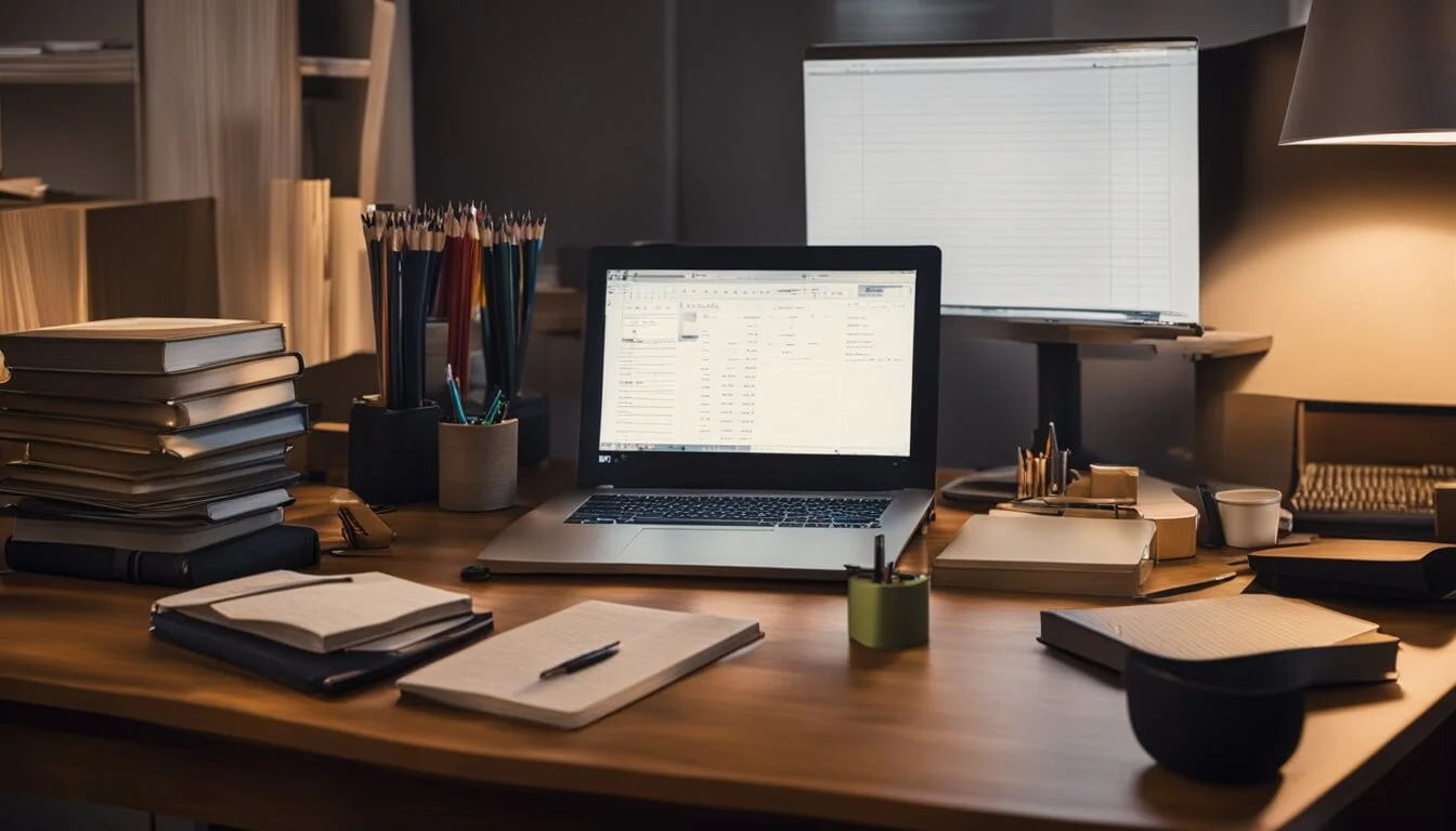 Ace the Bar Exam. Show a group of objects arranged on a desk, including a large stack of books on the left side, a laptop open to a practice exam in the center, and a timer set for three hours on the right. The room is dimly lit but the laptop illuminates the desk. The atmosphere is tense and focused.