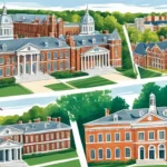 The Ivy League and Beyond, Create an image depicting a group of prestigious and highly selective universities, showcasing their historic architecture and lush campus settings. Include elements such as stately brick buildings with soaring columns, manicured lawns and gardens, and distinguished landmarks like towering bell towers or ornate libraries. Use a color palette that conveys the sophistication and exclusivity of these institutions, incorporating rich jewel tones and classic shades of beige and navy. Emphasize the sense of tradition and timelessness that characterizes these elite colleges, highlighting the enduring legacy and educational excellence they represent.