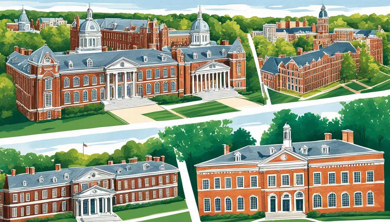 The Ivy League and Beyond, Create an image depicting a group of prestigious and highly selective universities, showcasing their historic architecture and lush campus settings. Include elements such as stately brick buildings with soaring columns, manicured lawns and gardens, and distinguished landmarks like towering bell towers or ornate libraries. Use a color palette that conveys the sophistication and exclusivity of these institutions, incorporating rich jewel tones and classic shades of beige and navy. Emphasize the sense of tradition and timelessness that characterizes these elite colleges, highlighting the enduring legacy and educational excellence they represent.