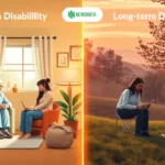 Disability Insurance, Visual representation of two contrasting insurance concepts: on one side, a short-term disability scene featuring a person recovering in a cozy home environment with medical aids and supportive family; on the other side, a long-term disability setting depicting a serene landscape with an individual engaging in adaptive activities or hobbies, surrounded by nature, symbolizing ongoing support and resilience. Use warm and calming color palettes to evoke feelings of comfort and hope.