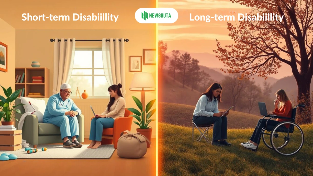 Disability Insurance, Visual representation of two contrasting insurance concepts: on one side, a short-term disability scene featuring a person recovering in a cozy home environment with medical aids and supportive family; on the other side, a long-term disability setting depicting a serene landscape with an individual engaging in adaptive activities or hobbies, surrounded by nature, symbolizing ongoing support and resilience. Use warm and calming color palettes to evoke feelings of comfort and hope.